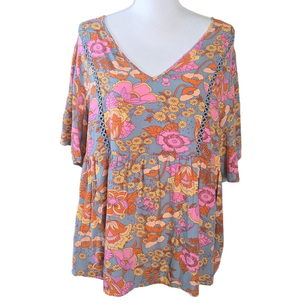 Rusttydustty Floral Boho Babydoll Top 2XL V-Neck Flutter Sleeve Pink Orange Grey